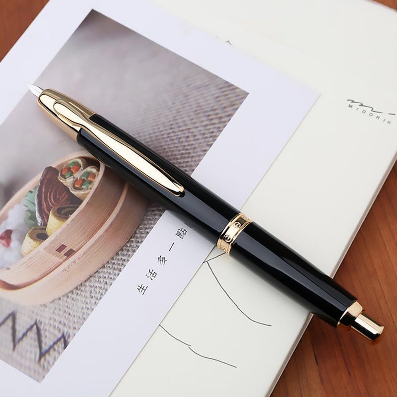 erofa Majohn A1 Press Fountain Pen Fine Nib with Box, Retractable Black Metal Ink Pen with Converter Writing Set (Golden Clip Version) - Image 2